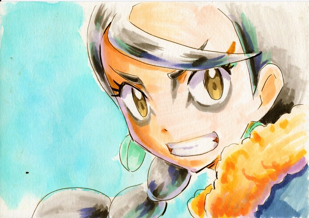 1girl, black_hair, blue_background, brown_eyes, clenched_teeth, clover_(pokemon), earrings, facepaint