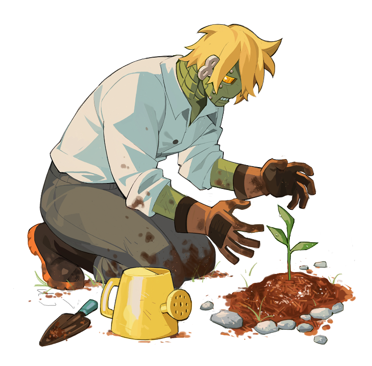 1boy, blonde_hair, buttons, clothed_robot, collared_shirt, colored_skin, commentary, dirty