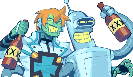 2boys, alcohol, arm_up, bender_bending_rodriguez, blonde_hair, blue_trim, bottle, clothed_robot