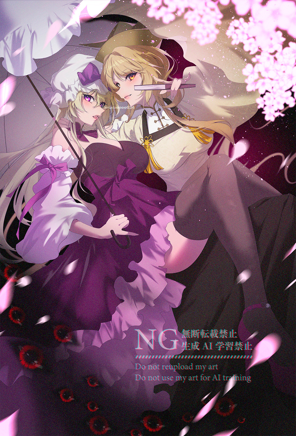 2girls, alternate_costume, bare_shoulders, black_thighhighs, blonde_hair, breasts, cherry_blossoms, choker