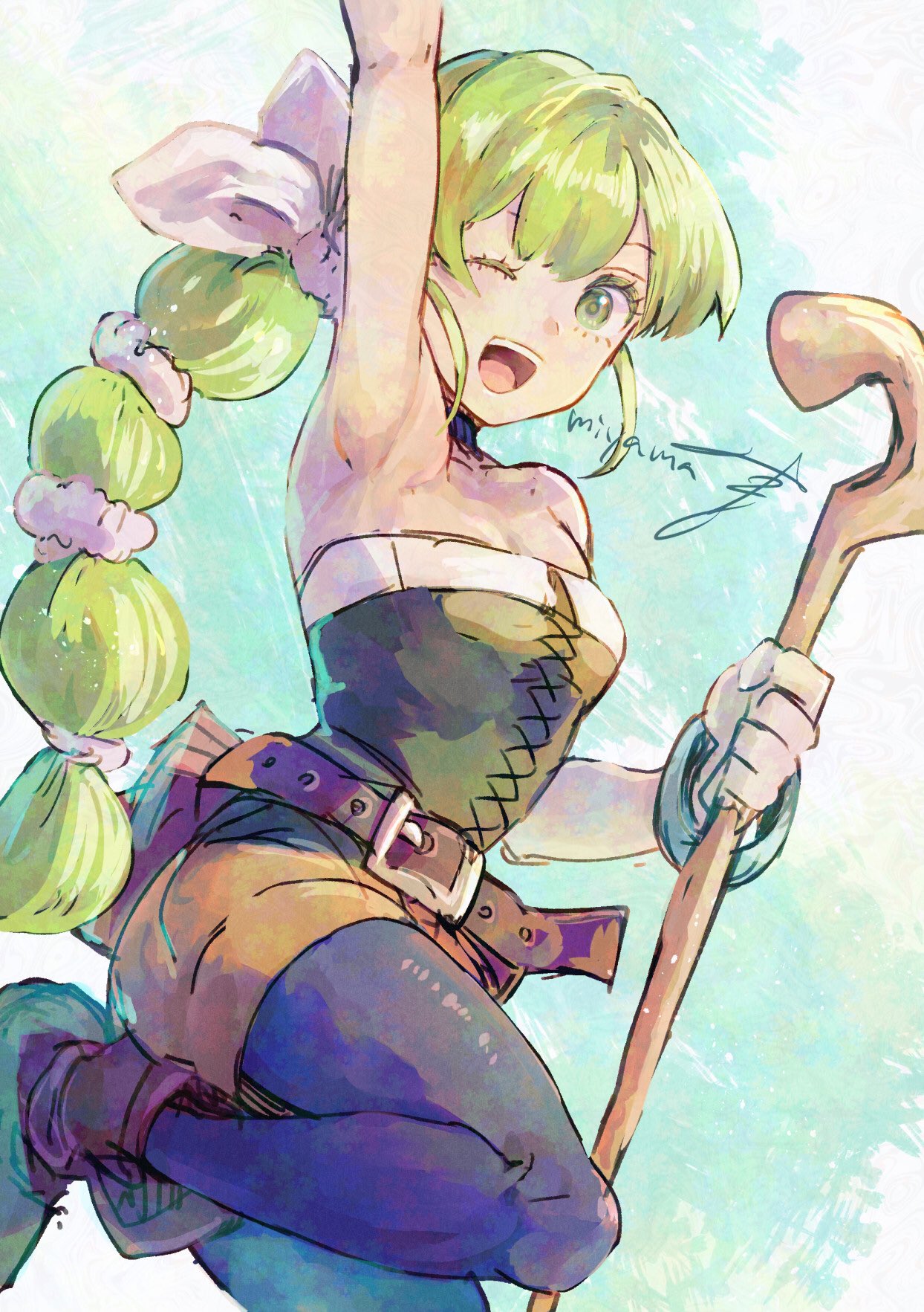 1girl, bare_shoulders, belt, black_pantyhose, bow, breasts, choker, green_eyes