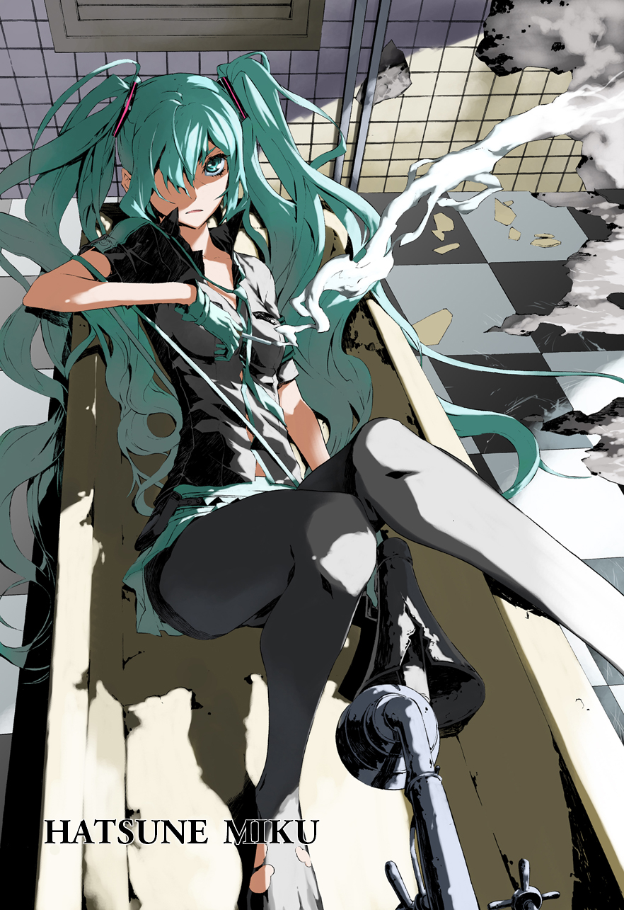 aqua_eyes, aqua_hair, bathtub, checkered, checkered_floor, cigarette, from_above, gloves