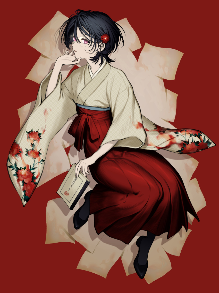 1girl, absurdres, black_hair, book, dt_777_tb, floral_print, flower, full_body, glasses, hair_flower, hair_ornament, hakama, hakama_skirt, hand_on_own_chin, highres, holding, holding_book, invisible_chair, japanese_clothes, kimono, looking_at_viewer, original, pantyhose, parted_lips, pink_eyes, print_sleeves, red_background, red_hakama, red_sash, rimless_eyewear, sash, shoes, short_hair, simple_background, sitting, skirt, solo, wide_sleeves