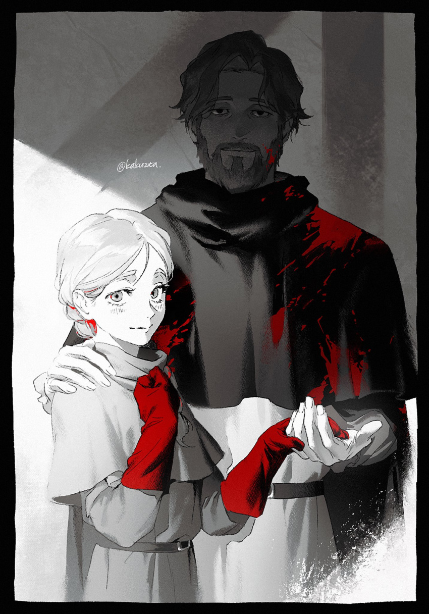 1boy, 1girl, beard, belt, blood, braid, chi.:_chikyuu_no_undou_ni_tsuite, facial_hair, father_and_daughter, full_beard, gloves, hand_on_another's_shoulder, highres, holding_hands, jolenta, kakuzta, looking_at_viewer, nowak_(chi.), parted_bangs, scarf, spot_color, standing, tri_braids