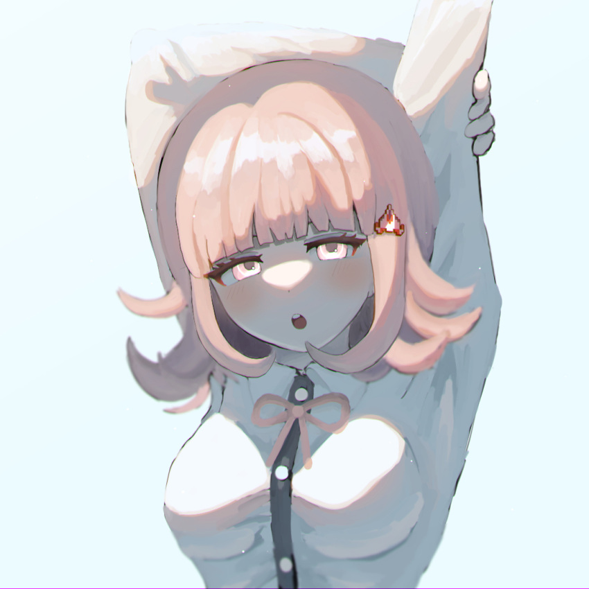 1girl, 3_3o0, :o, arms_up, blunt_bangs, blush, breasts, brown_hair