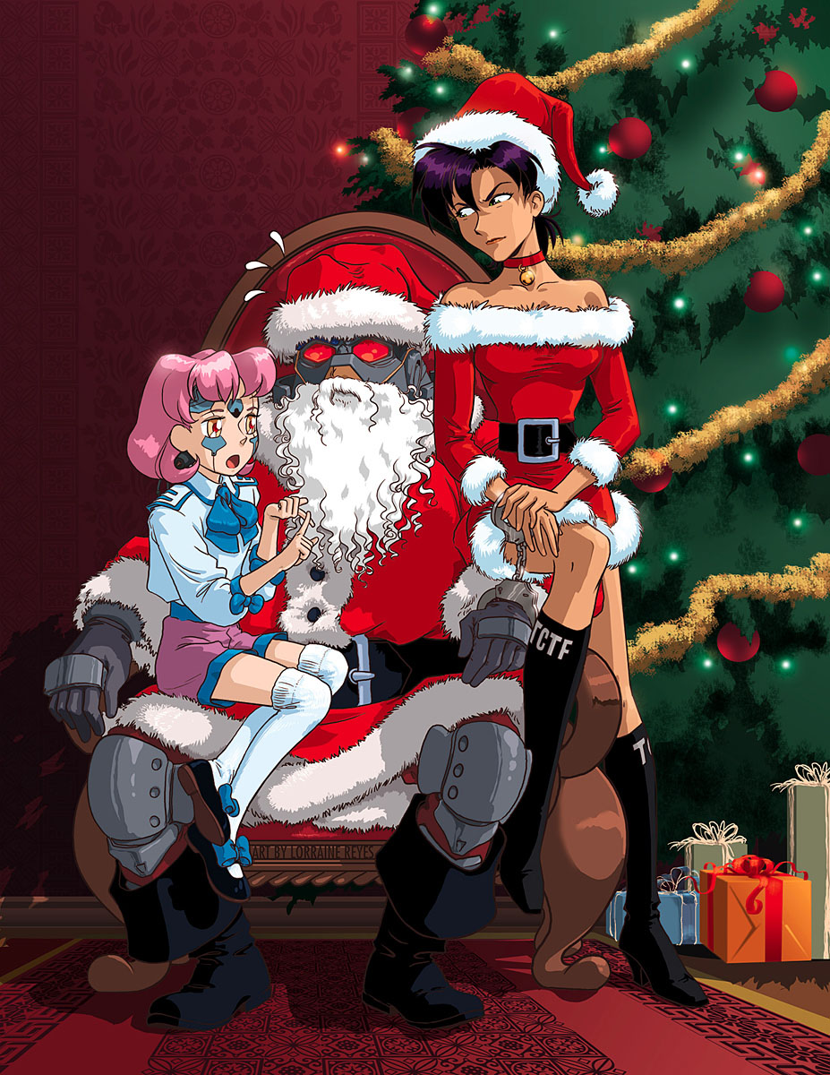 bare_shoulders, beard, choker, christmas, cuffs, handcuffs, hasegawa_mai, hat, highres, kneehighs, konoko, oni_(game), pink_hair, santa_costume, santa_hat, shinatama, sitting, sitting_on_lap