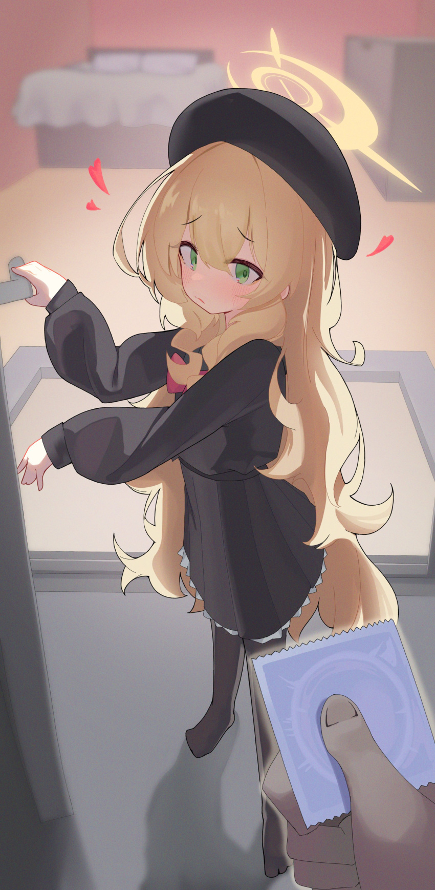 1girl, absurdres, blonde_hair, blue_archive, condom, condom_wrapper, dorusan_02, furrowed_brow