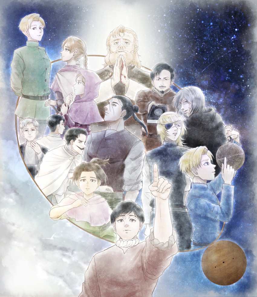 1girl, 6+boys, absurdres, albert_brudzewski_(chi.), astrolabe, badeni, beard, black_hair