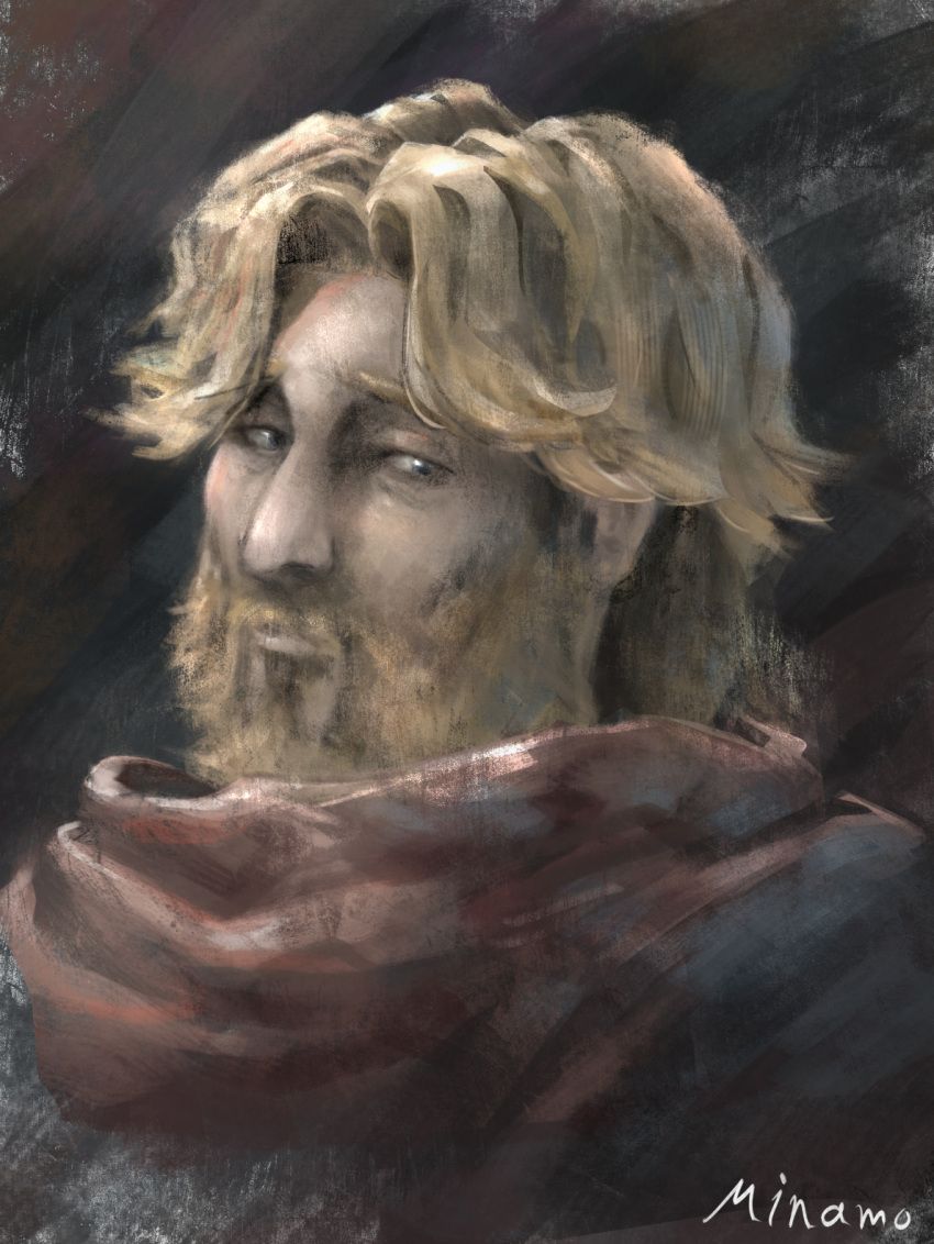 1boy, artist_name, beard, blonde_hair, chi.:_chikyuu_no_undou_ni_tsuite, facial_hair, highres, looking_at_viewer