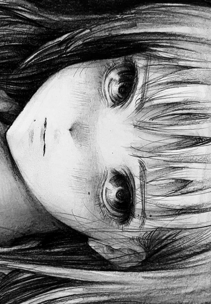 1girl, blonde_hair, blush, close-up, closed_mouth, expressionless, eyelashes, graphite_(medium)
