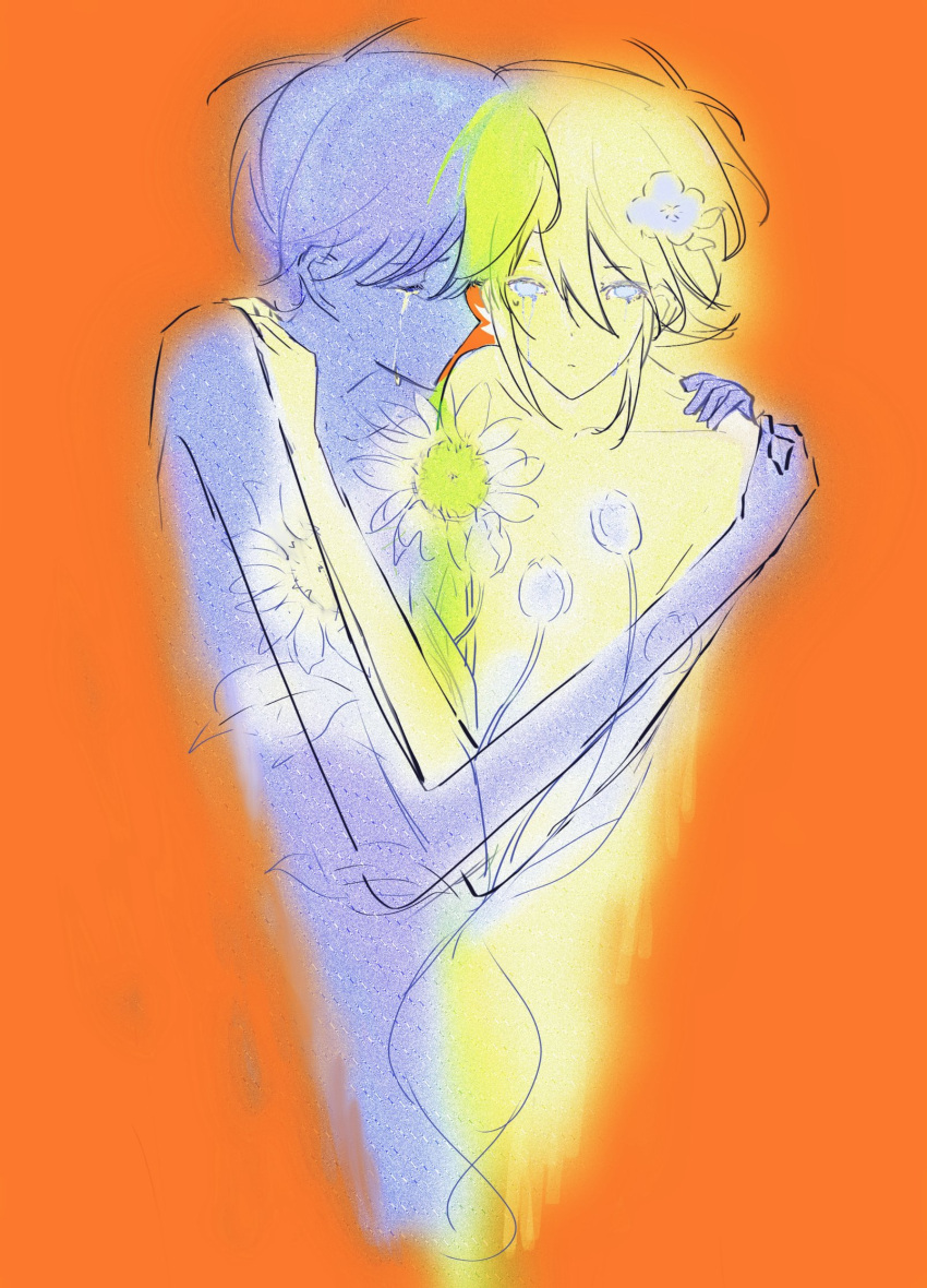 2boys, b4t, basil_(faraway)_(omori), basil_(omori), blue_eyes, blue_skin, closed_eyes, closed_mouth