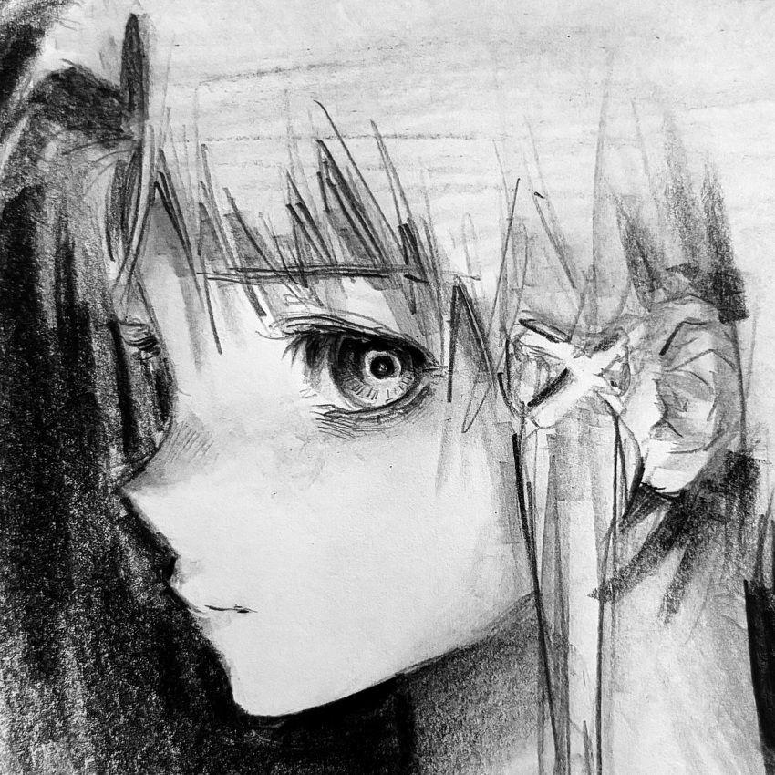 1girl, blonde_hair, close-up, closed_mouth, expressionless, from_side, graphite_(medium), hair_ornament, highres, iwakura_lain, kansouki, looking_at_viewer, monochrome, portrait, serial_experiments_lain, single_sidelock, solo, traditional_media, x_hair_ornament