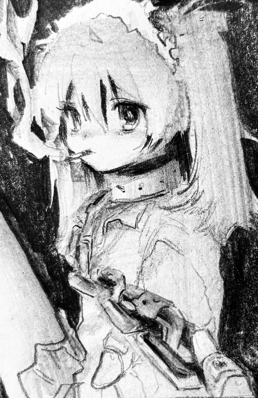 1girl, arm_out_of_frame, black_background, blonde_hair, cigarette, collar, frills, graphite_(medium)