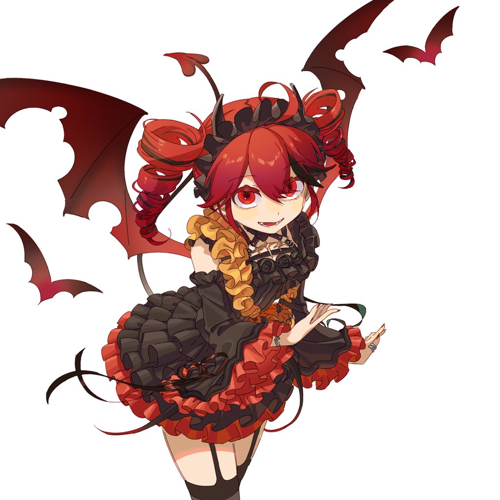 1girl, ahoge, bat_wings, belt, birthday, black_dress, black_hairband, black_horns, black_sleeves, black_thighhighs, blush, bracelet, chill_(chill_meal), demon_tail, detached_sleeves, dress, drill_hair, fake_horns, fangs, fingernails, flat_chest, frilled_dress, frilled_hairband, frills, hair_between_eyes, hairband, horns, jewelry, kasane_teto, kasane_teto_(halloween), leaning_forward, official_alternate_costume, open_mouth, red_eyes, red_hair, red_nails, red_tail, red_wings, ring, solo, tail, thigh-highs, thigh_belt, thigh_strap, twin_drills, twintails, utau, white_background, wings