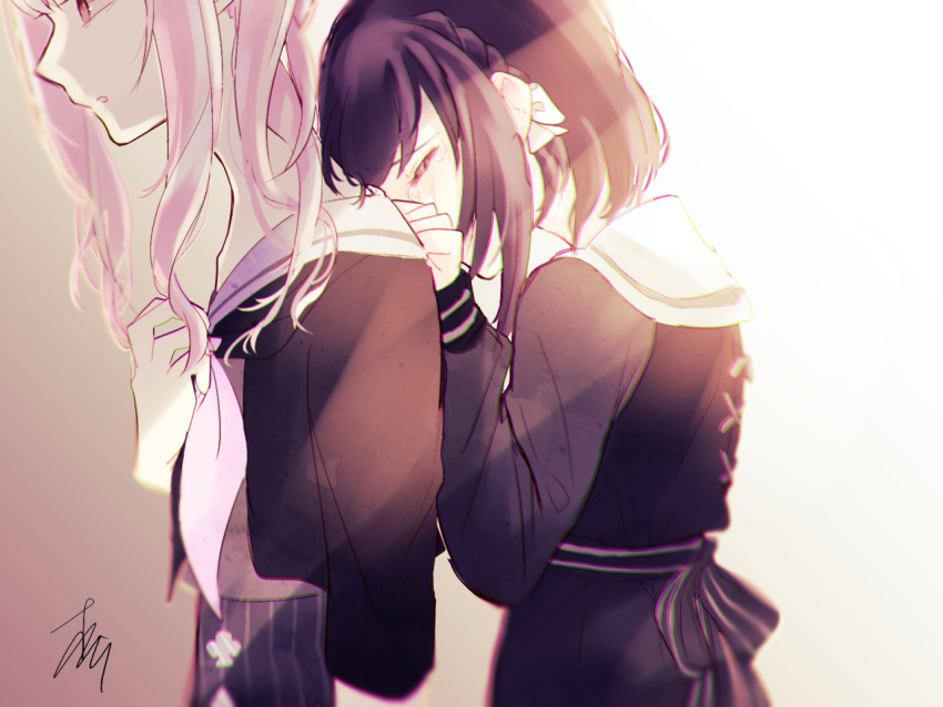1girl, 1other, akiyama_mizuki, back_ribbon, black_hair, black_jacket, black_ribbon, black_shirt