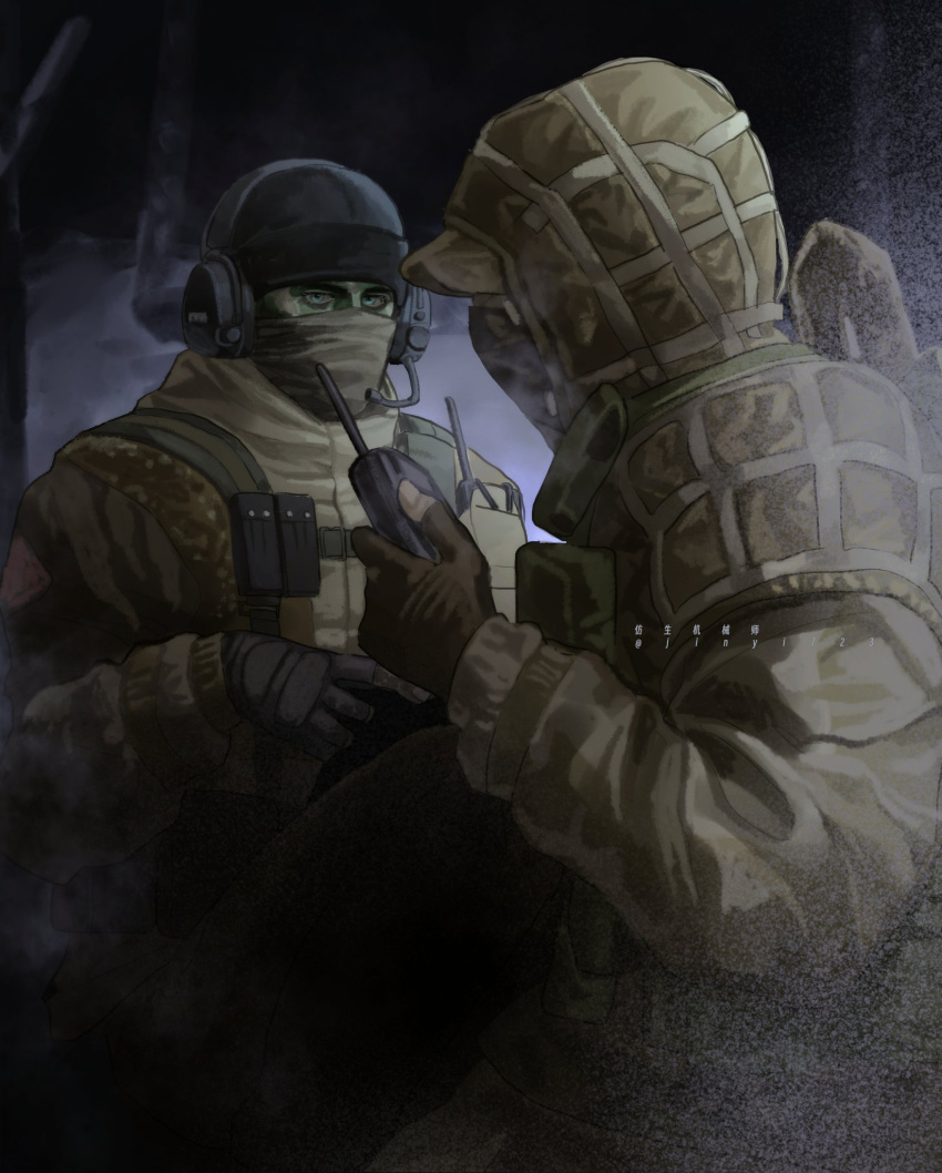 2boys, beanie, black_gloves, black_hat, blue_eyes, camouflage, covered_mouth, fangsheng_jixieshi