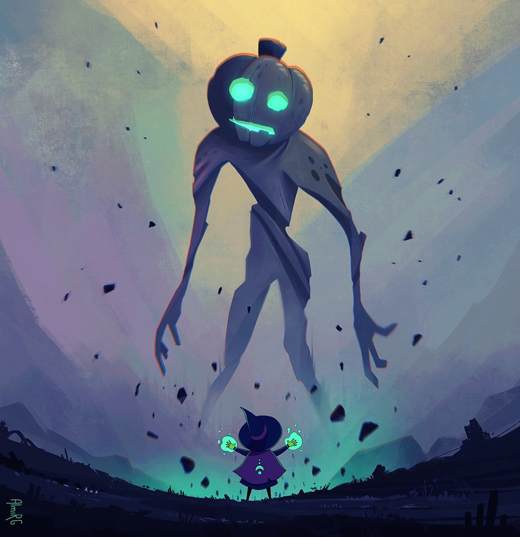 almirgusic, artist_name, cape, chromatic_aberration, dress, glowing, glowing_eyes, glowing_hands, hat, jack-o'-lantern, jack-o'-lantern_head, long_sleeves, magic, monster, nature, original, outdoors, plant, pumpkin, rock, scenery, signature, witch, witch_hat