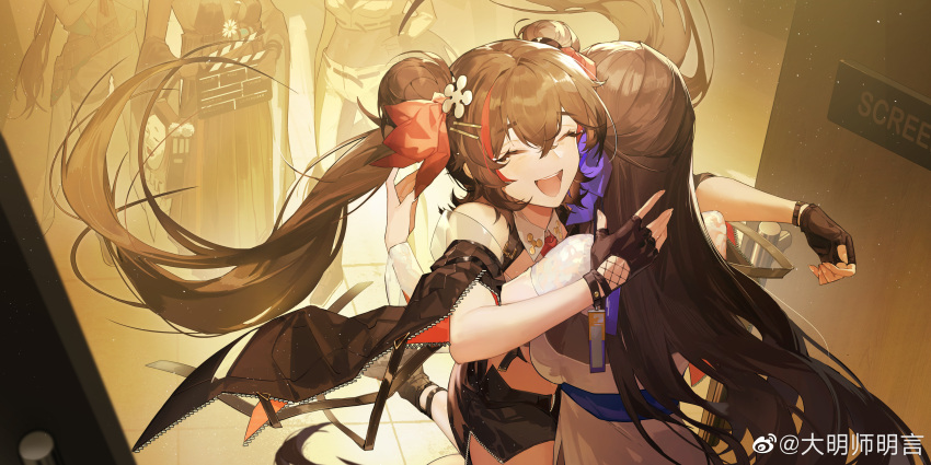 2girls, :d, absurdres, closed_eyes, daiyan_(neural_cloud), damingshimingyan, double_bun, fingerless_gloves