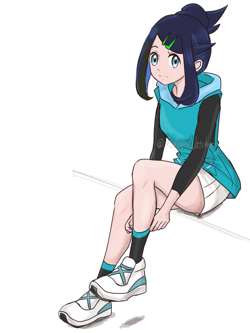 1girl, adjusting_sock, black_hair, black_shirt, black_socks, blue_eyes, blue_hair, blue_hoodie, closed_mouth, colored_inner_hair, full_body, hair_bun, hair_ornament, hairclip, highres, hood, hoodie, koharuwatcher, liko_(pokemon), looking_at_viewer, multicolored_hair, pokemon, pokemon_(anime), pokemon_horizons, shirt, shoes, shorts, sitting, sleeveless, sleeveless_hoodie, socks, solo, twitter_username, two-tone_hair, white_shoes, white_shorts