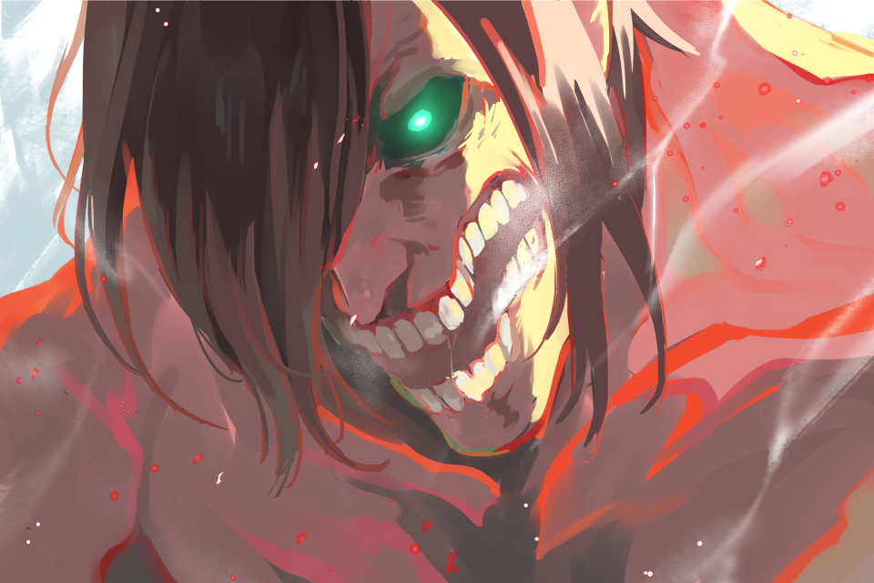 1boy, brown_hair, close-up, eren_yeager, green_eyes, hair_over_one_eye, male_focus, medium_hair