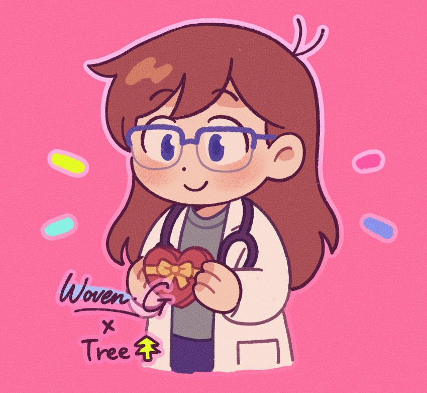 ada_paige, blue_eyes, box, box_of_chocolates, brown_hair, english_commentary, glasses, happy