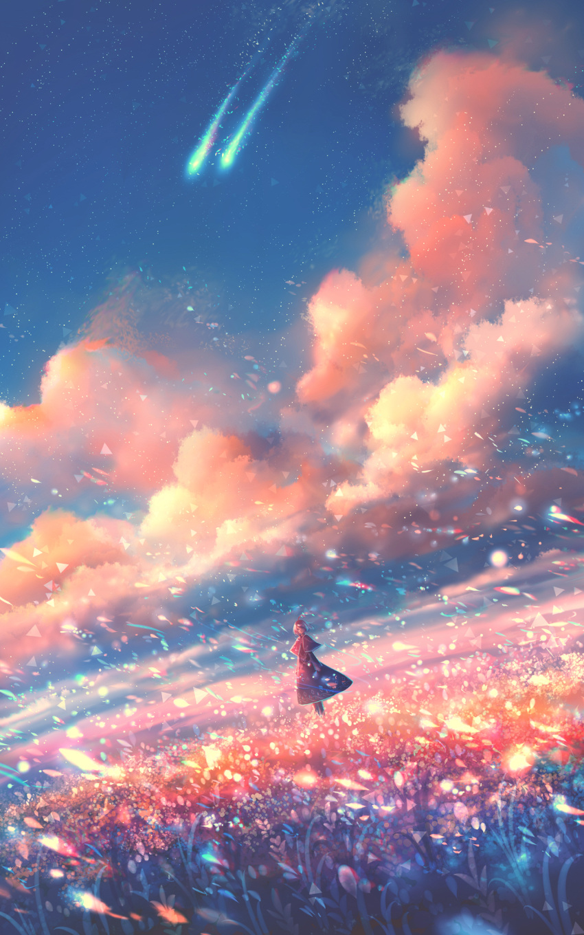 1girl, autumn, blue_sky, boots, brown_hair, capelet, clouds, comet, dress, fantasy, floating_hair, flower, green_eyes, highres, horizon, looking_at_viewer, meteor, original, outdoors, prismatic_lines, sakimori_(hououbds), scenery, shooting_star, short_hair, sky, sunset, wind