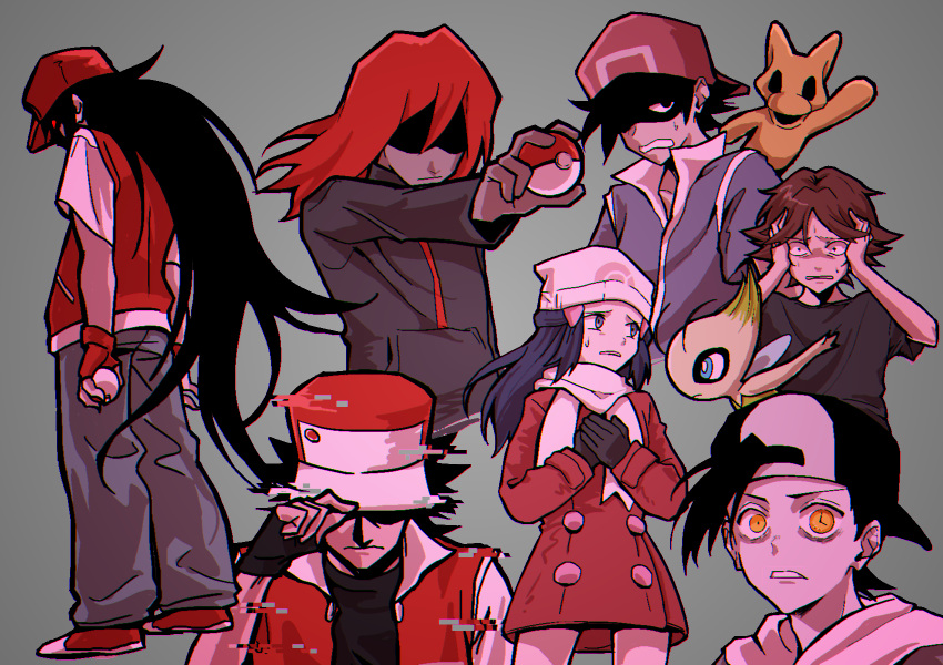 1girl, 6+boys, backwards_hat, black_eyes, black_gloves, black_hair, black_hoodie, black_shirt, blue_eyes, blue_hair, blue_jacket, blue_pants, brown_hair, celebi, character_request, closed_mouth, creepypasta, dress, ethan_(pokemon), fingerless_gloves, gloves, grey_background, hair_ornament, hairpin, hat, highres, hikari_(pokemon), holding, holding_poke_ball, hood, hoodie, jacket, long_hair, looking_at_viewer, medium_hair, multiple_boys, nocturnalsky, on_shoulder, pants, poke_ball, pokemon, pokemon_(creature), pokemon_dppt, pokemon_gsc, pokemon_lost_silver, pokemon_on_shoulder, pokemon_platinum, red_(pokemon), red_dress, red_eyes, red_gloves, red_hair, red_hat, red_jacket, red_shoes, scarf, shaded_face, shirt, shoes, silver_(pokemon), white_hat, white_scarf, white_shirt, yellow_eyes