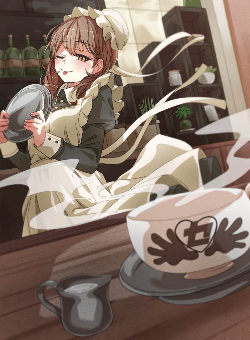 +_+, 1girl, ;p, absurdres, agatsuma_juria, alternate_costume, apron, black_dress