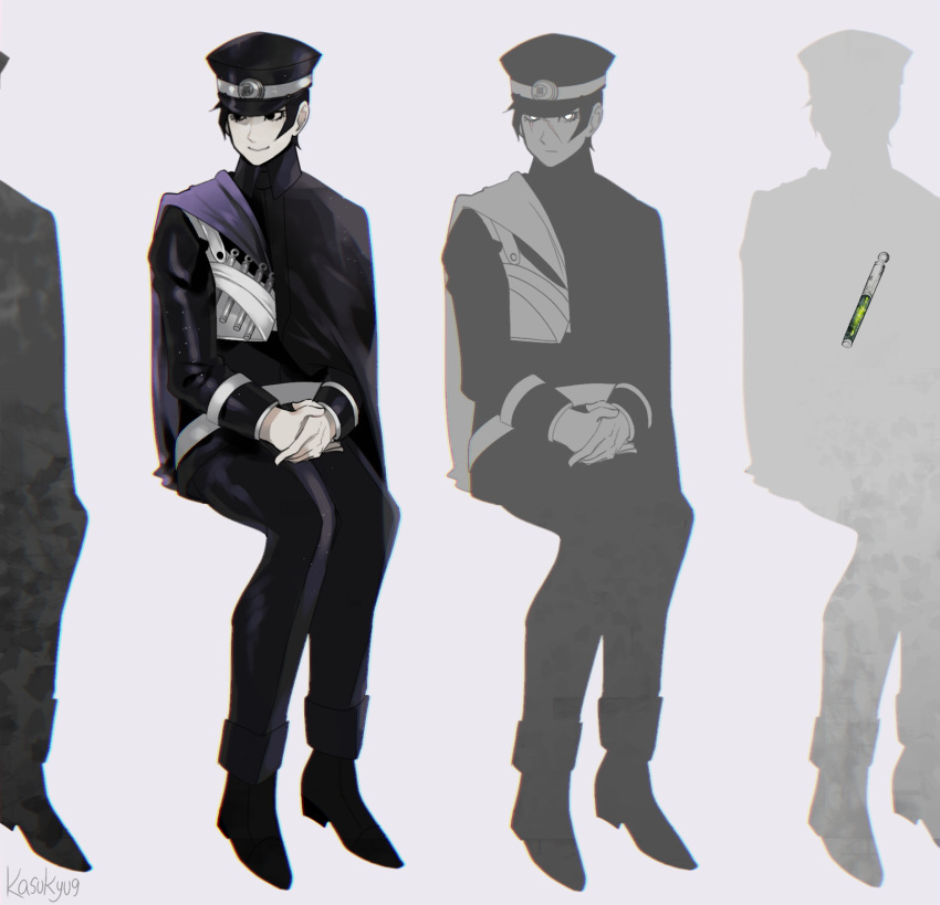 2boys, :|, anzu_(anzuhan), black_eyes, black_hair, black_hat, black_pants, cape