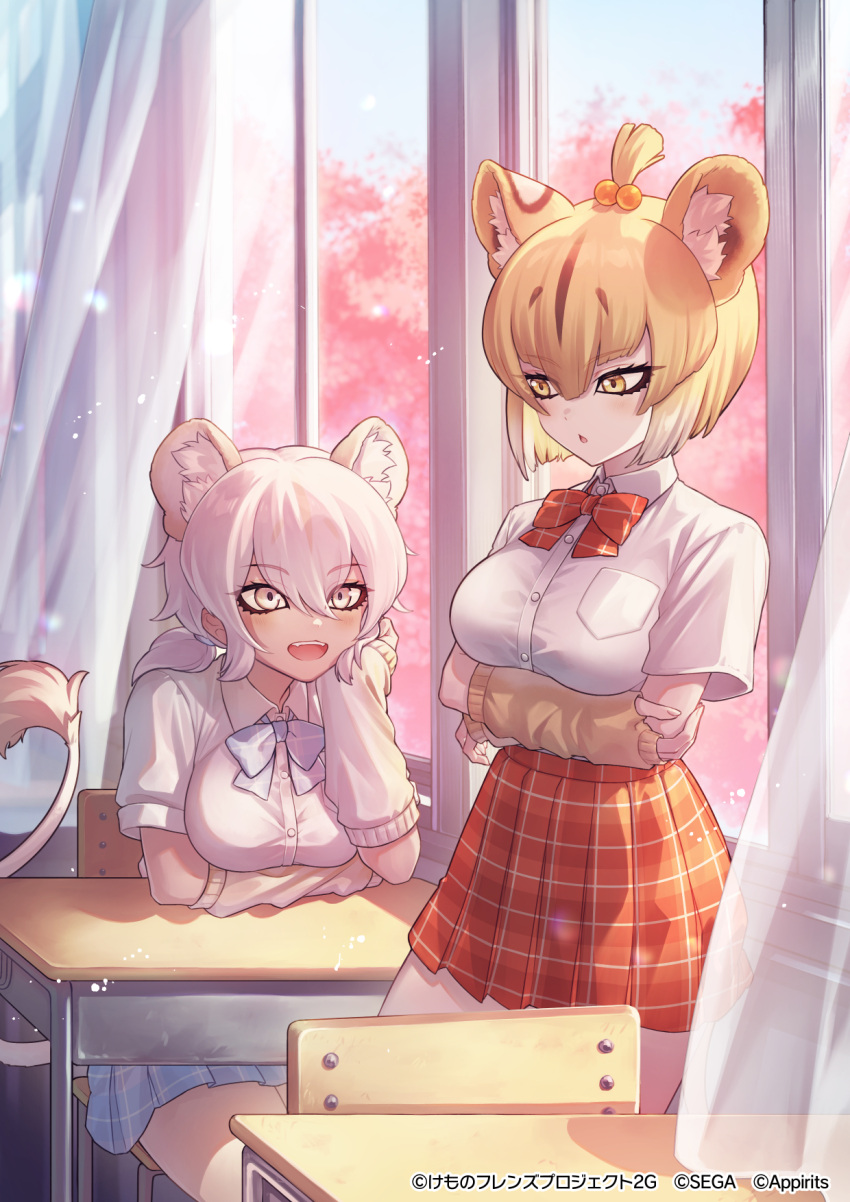 2girls, animal_ears, blonde_hair, blue_bow, blue_bowtie, blue_skirt, blush, bow