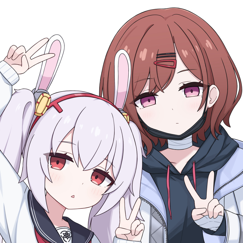 2girls, absurdres, animal_ears, arm_up, azur_lane, bandaged_hand, bandaged_neck, bandages