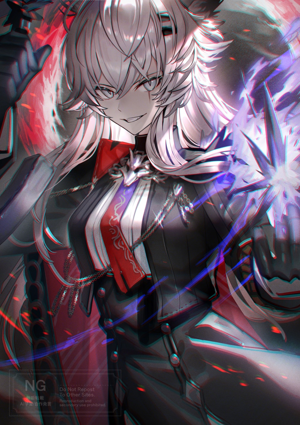 1girl, aiguillette, animal_ears, arknights, black_gloves, black_jacket, breasts, buttons