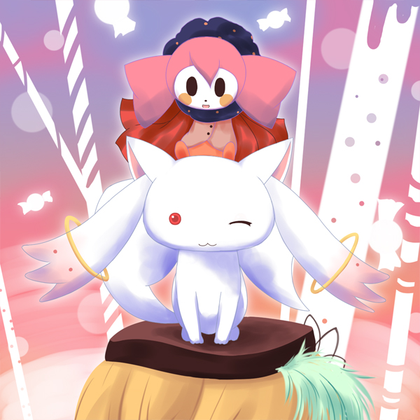 beret, blonde_hair, blush_stickers, candy, charlotte_(madoka_magica), feathers, hat, hatrack