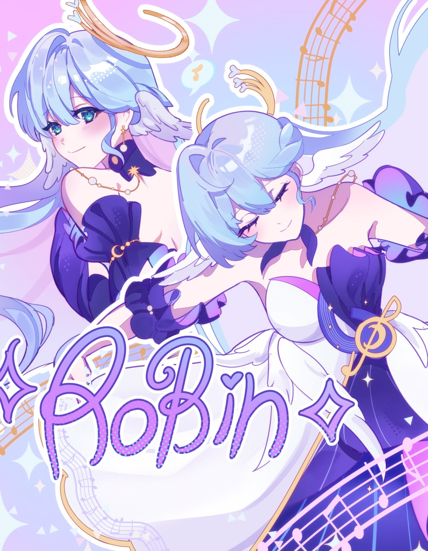 1girl, aqua_eyes, aqua_hair, bare_shoulders, beamed_eighth_notes, character_name, choker, closed_eyes