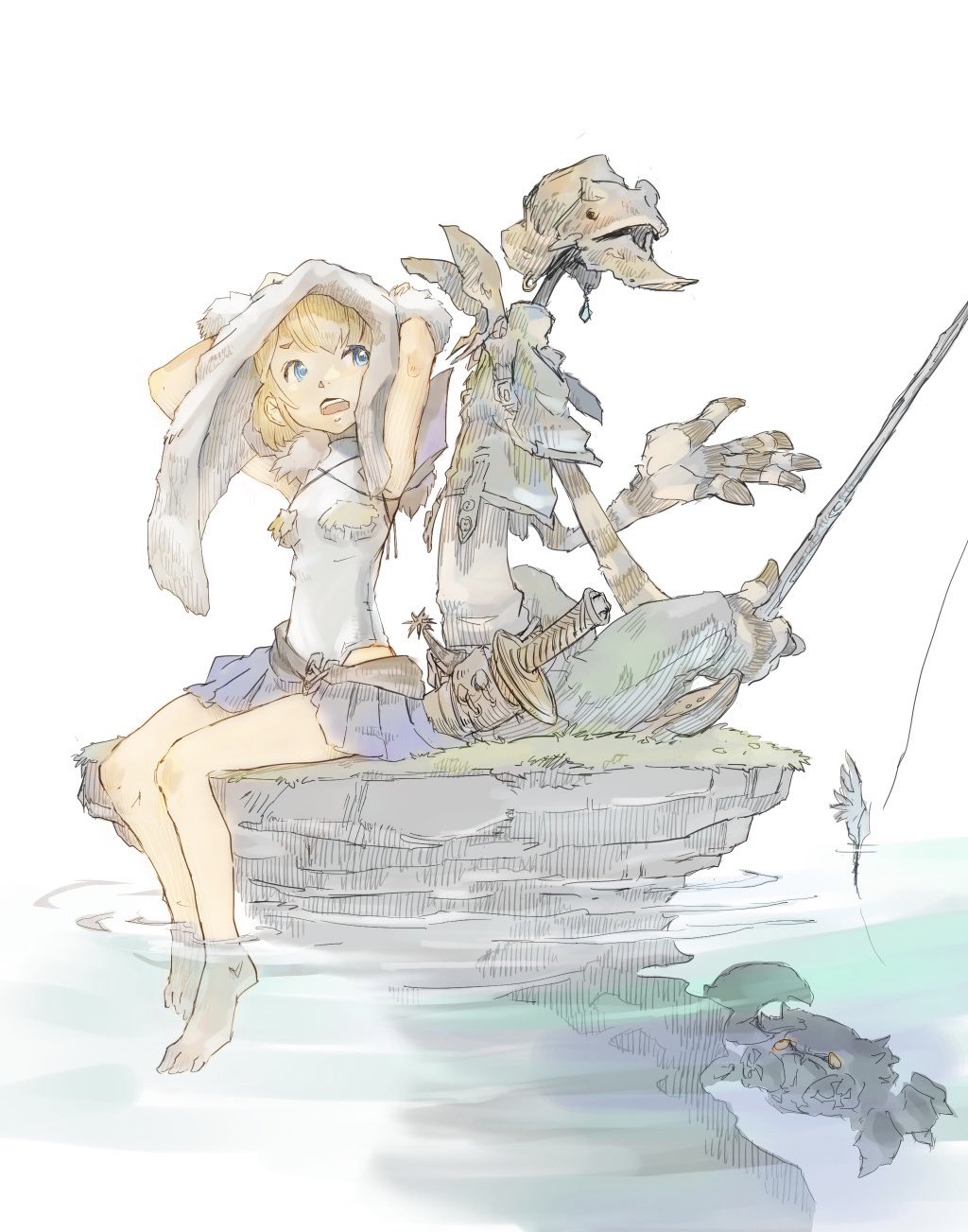 2girls, arms_up, back-to-back, bare_legs, barefoot, blonde_hair, blue_eyes, blue_skirt, bracelet, breasts, brown_helmet, crab, final_fantasy, final_fantasy_crystal_chronicles, fishing, fishing_rod, fur_bracelet, grass, helmet, highres, hip_vent, holding, holding_fishing_rod, indian_style, itahana_toshiyuki, jewelry, leotard, mini_wings, miniskirt, multiple_girls, on_grass, open_mouth, pleated_skirt, ripples, scabbard, selkie, sheath, short_hair, simple_background, sitting, skirt, small_breasts, soaking_feet, sword, teeth, upper_teeth_only, water, weapon, white_background, white_leotard, wings, yuke
