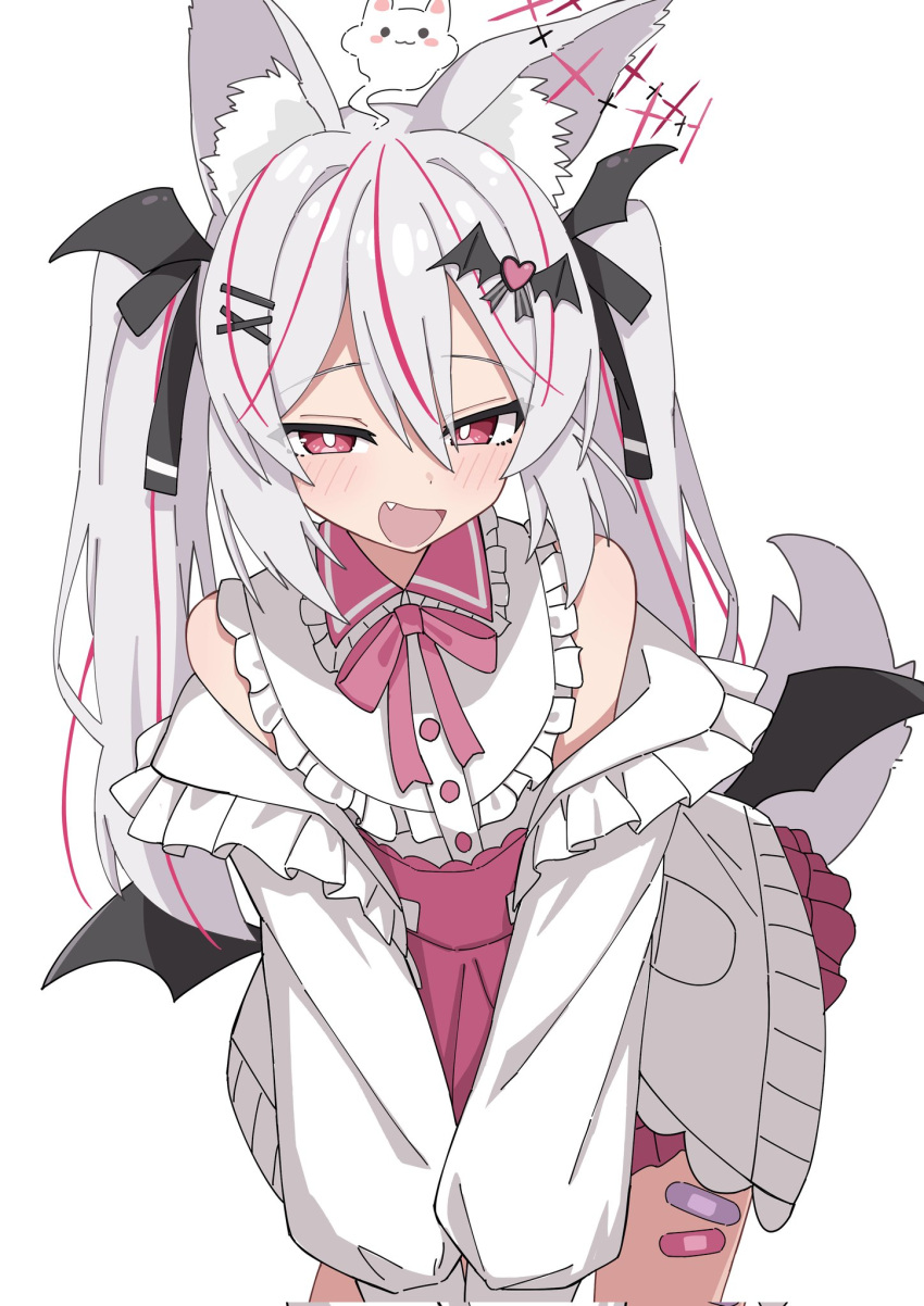 1girl, :d, animal, animal_ear_fluff, animal_ears, animal_on_head, bandaid, bandaid_on_leg