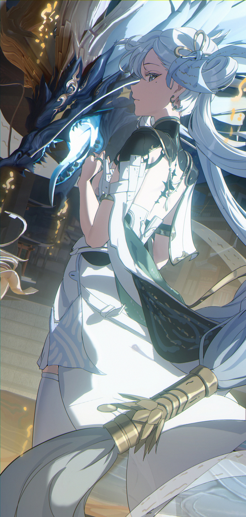 1girl, absurdres, back, black_collar, bow, breasts, bright_pupils, chromatic_aberration