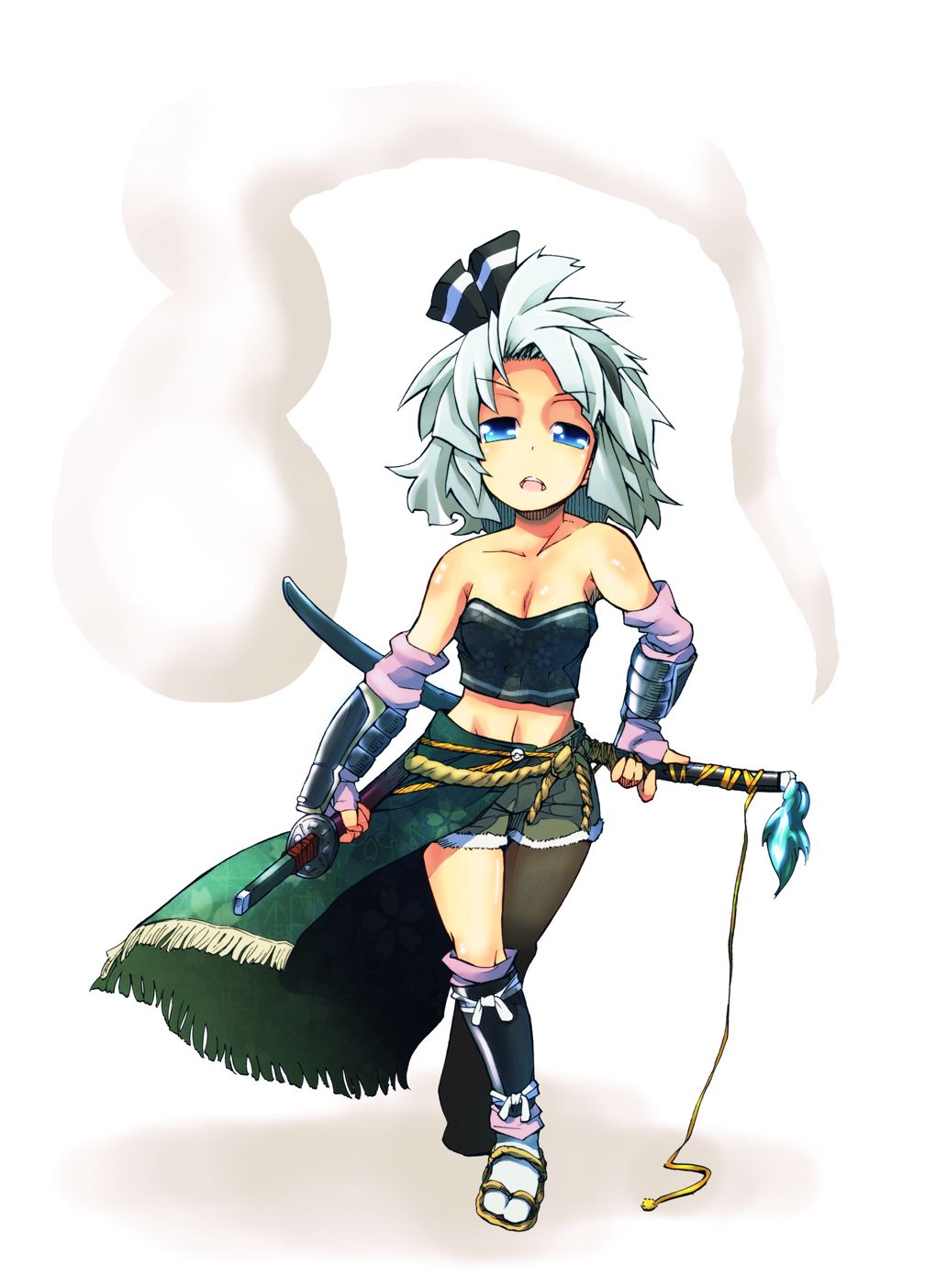 alternate_costume, arm_guard, arm_guards, bare_shoulders, blue_eyes, collarbone, ghost, highres