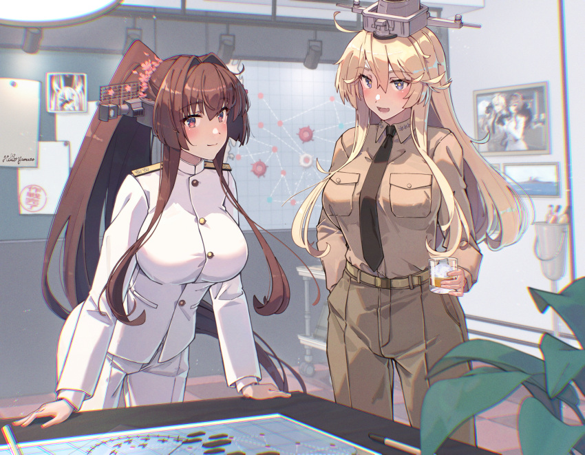 2girls, alcohol, alternate_costume, ball, billiard_ball, black_necktie, blonde_hair, blue_eyes