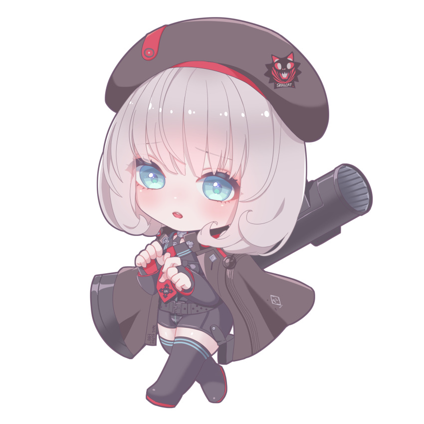 1girl, beret, blue_eyes, breasts, chibi, gloves, goddess_of_victory:_nikke, grey_hair