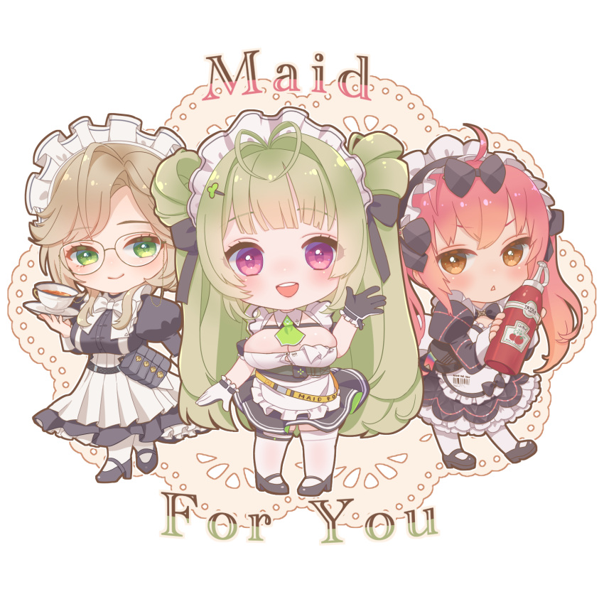3girls, ade_(nikke), apron, black_dress, bow, breasts, chibi, cocoa_(nikke)