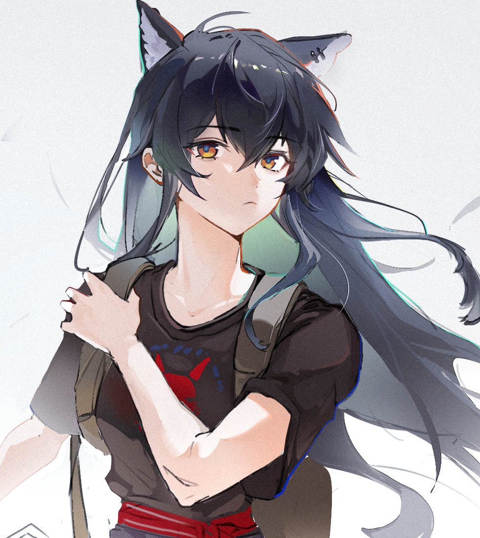 1girl, animal_ears, arknights, arm_out_of_frame, backpack, bag, black_hair, black_shirt, brown_eyes, closed_mouth, collarbone, commentary_request, hand_on_own_shoulder, long_hair, looking_at_viewer, polaris_(user_rdgx7257), print_shirt, shirt, short_sleeves, sidelocks, simple_background, solo, texas_(arknights), upper_body, white_background, wolf_ears, wolf_girl