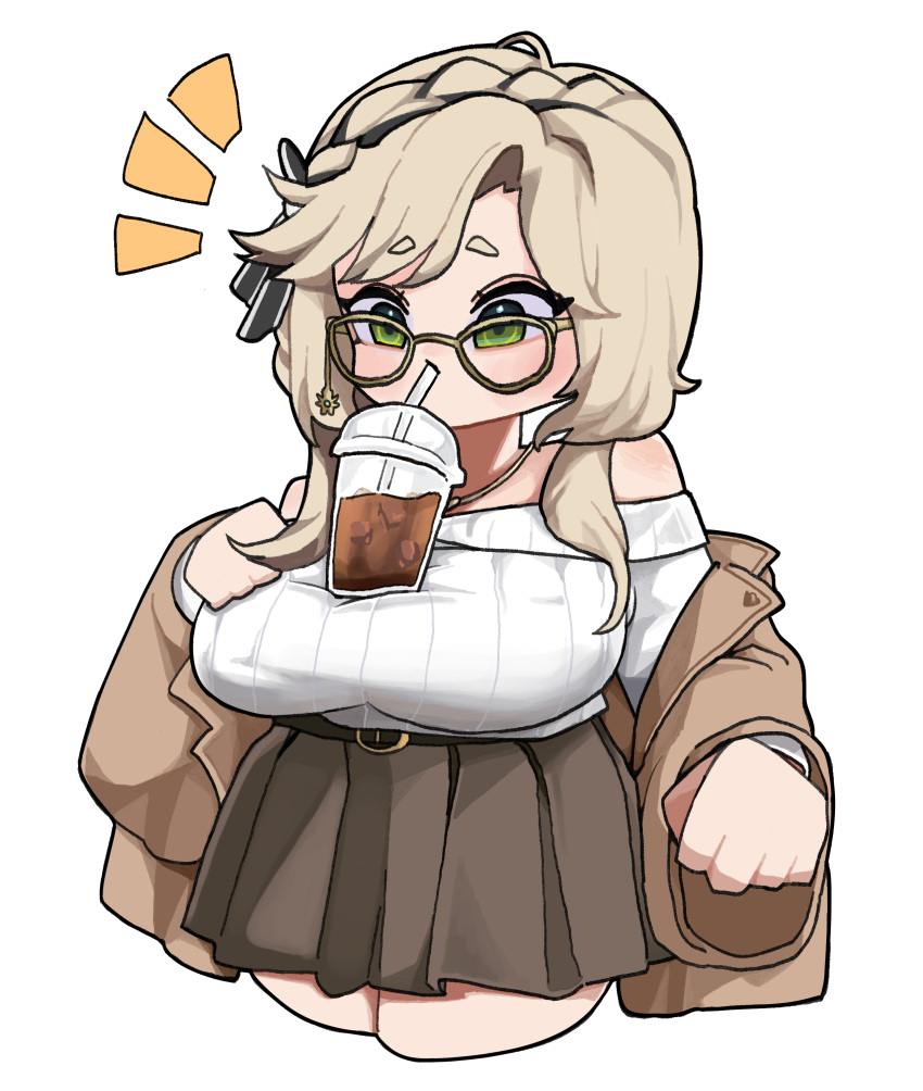 1girl, absurdres, ade_(maid_in_spring)_(nikke), ade_(nikke), braid, breasts, brown_coat, coat, goddess_of_victory:_nikke, highres, kokee12, large_breasts, long_hair, long_sleeves, looking_at_viewer, off_shoulder, official_alternate_costume, round_eyewear, sidelocks, smile, solo, sweater, sweater_tucked_in, white_sweater