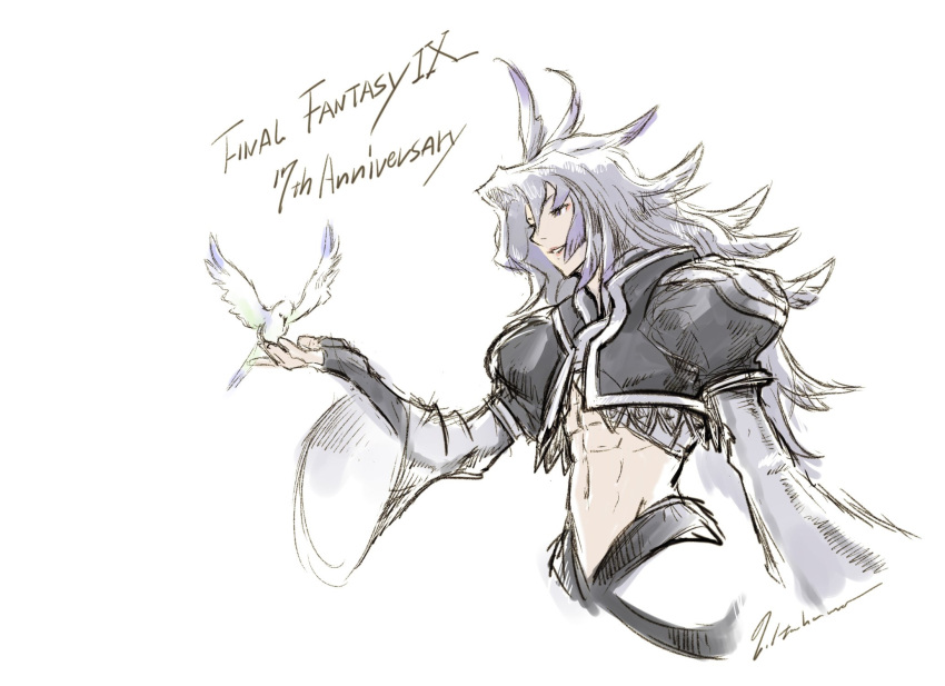 1boy, abs, animal, anniversary, artist_name, bird, bird_on_hand, black_gloves, copyright_name, feather_hair, final_fantasy, final_fantasy_ix, fingerless_gloves, gloves, grey_hair, highres, itahana_toshiyuki, kuja, long_hair, male_focus, navel, parted_lips, simple_background, smile, violet_eyes, white_background, white_bird