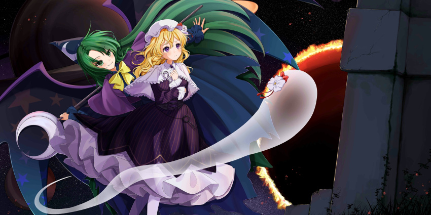 2girls, adapted_costume, ascot, blonde_hair, blue_dress, blush, bow, bowtie, breasts, buntason_(buritarooooo), capelet, closed_mouth, commentary, crescent, crescent_print, dress, english_commentary, game_cg, green_eyes, green_hair, hat, highres, hitodama, holding, holding_staff, key, long_hair, long_sleeves, maribel_hearn, mima_(touhou), mob_cap, multiple_girls, official_art, print_hat, purple_brooch, purple_capelet, purple_dress, smile, staff, third-party_source, touhou, touhou_(pc-98), touhou_lostword, violet_eyes, white_ascot, white_capelet, white_hat, wizard_hat, yellow_bow, yellow_bowtie