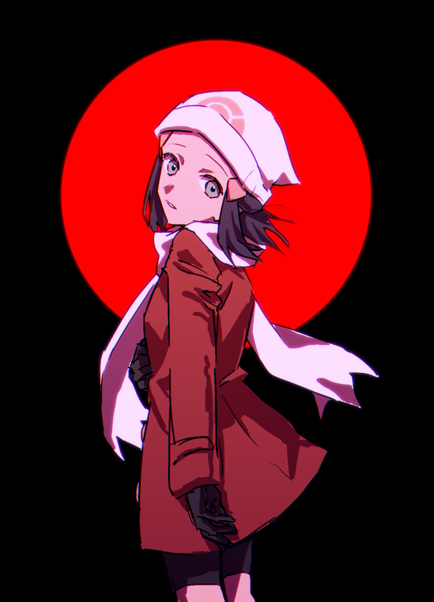 1girl, black_background, black_shorts, blue_eyes, blue_hair, closed_mouth, hair_ornament, hairpin, hat, highres, hikari_(pokemon), jacket, looking_at_viewer, looking_back, medium_hair, nocturnalsky, pokemon, pokemon_dppt, pokemon_platinum, red_jacket, scarf, shorts, solo, white_hat, white_scarf