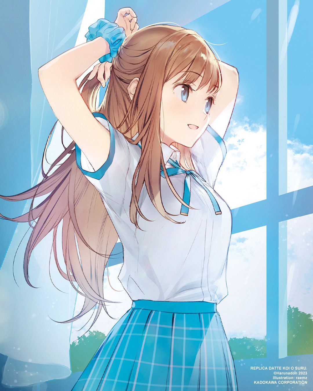:d, artist_name, blue_eyes, blue_sky, brown_hair, clouds, copyright_name, curtains, dress_shirt, half_updo, highres, long_hair, looking_to_the_side, nao_(replica_datte_koi_o_suru), neck_ribbon, novel_illustration, official_art, pleated_skirt, replica_datte_koi_o_suru, ribbon, school_uniform, scrunchie, second-party_source, shirt, skirt, sky, smile, tying_hair, weee_(raemz), window, wrist_scrunchie