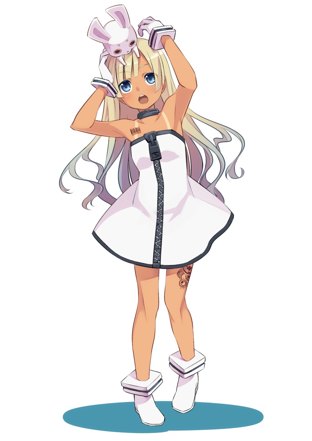 bad_id, barcode, bare_shoulders, blonde_hair, blue_eyes, bunny, collar, dress