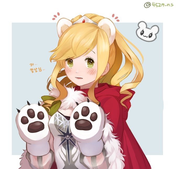 1girl, angelia_carlos, animal_ears, animal_hands, bear_ears, blonde_hair, blush, cape, crrispy_shark, gloves, green_eyes, grey_shirt, long_hair, looking_at_viewer, paw_gloves, red_cape, sdorica, shirt, solo, tiara, translation_request, upper_body