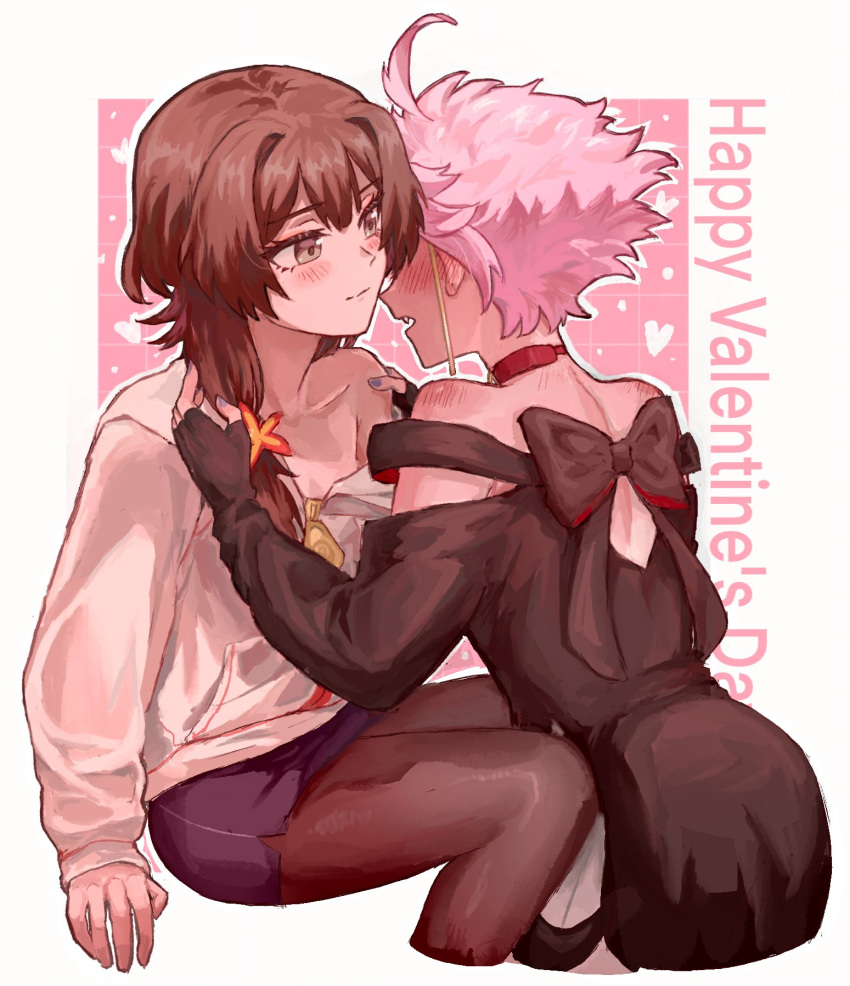 2girls, ahoge, blush, brown_eyes, brown_hair, cropped_legs, fang, fingerless_gloves